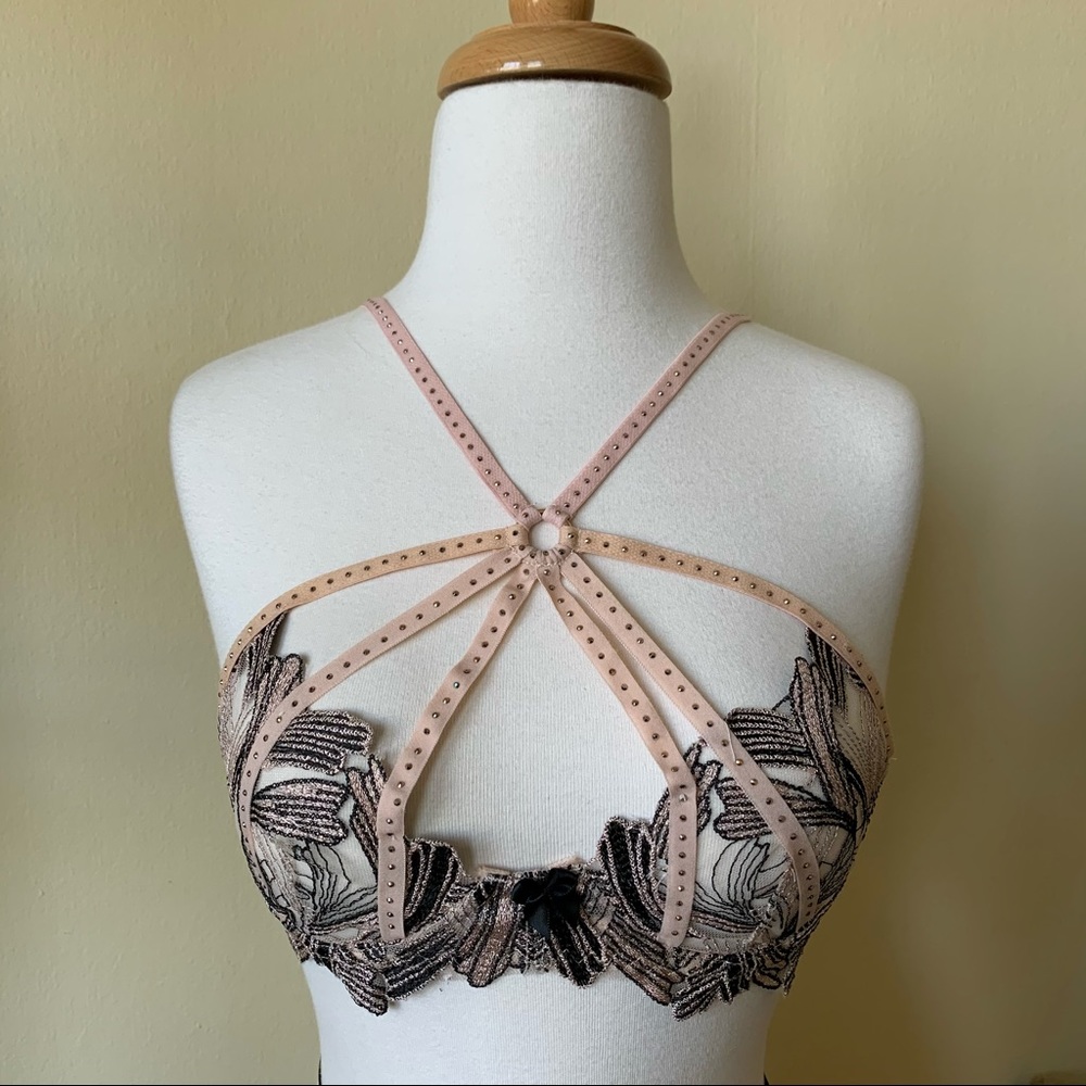 Strappy nude black mesh floral harness lingerie set bra
